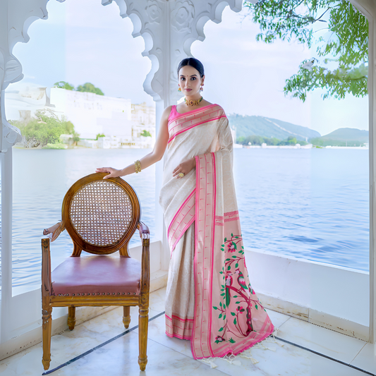 Woman wearing an ivory silk saree with pink border and handpainted floral pallu, styled with gold jewelry, posing in a traditional arched pavilion overlooking a serene lake and distant mountains.