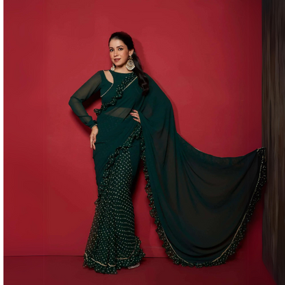 Opal Green Pre Draped Frilled Saree