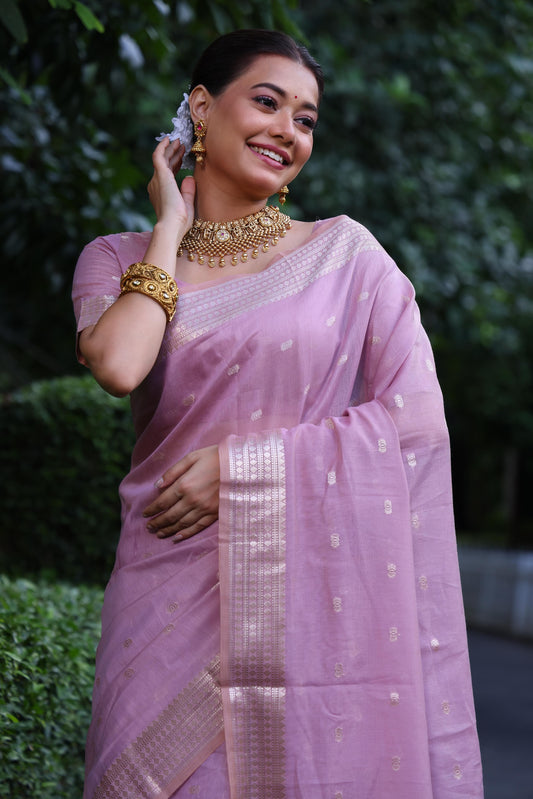 Lavender Floral Embroidery Maheshwari Tissue Silk Saree - Elegant Traditional Women's Wear