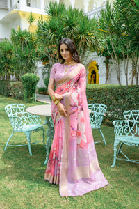 Light Pink Zari Work Soft Linen Cotton Saree
