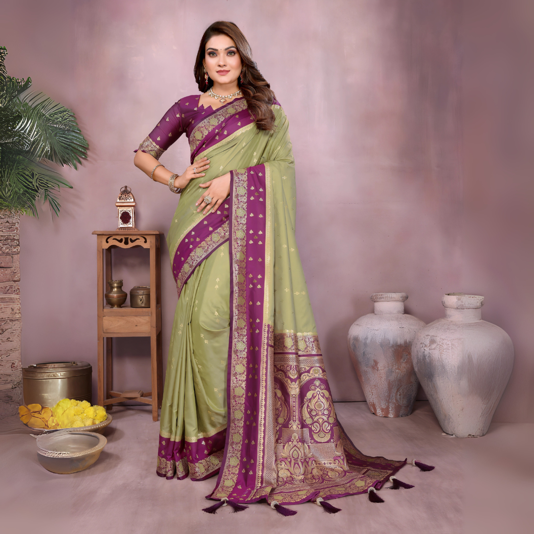 Woman wearing a lime green Banarasi silk saree with a rich purple and gold embroidered border, featuring intricate traditional motifs and an ornate pallu design. She pairs the saree with a matching purple blouse adorned with gold detailing, accessorized with traditional jewelry and bangles, posing gracefully in a modern studio setting with large white vases, a wooden side table, brass decor, green foliage, and a bowl of yellow flowers.