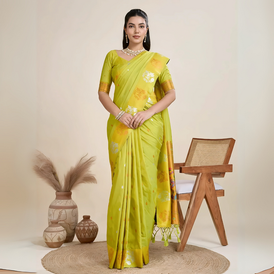 Woman wearing a lime green silk saree with gold motifs and matching blouse, accessorized with a pearl choker necklace and bangles, elegantly posing beside a wooden chair in a minimalist studio setting with neutral decor, ceramic vases, and pampas grass.