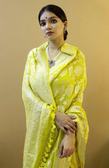 Woman in a lime jacquard work saree with gold border standing indoors in a vibrant room with arched decor and vintage furniture accents