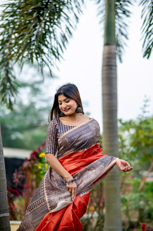 Woman wearing dark pastel red Madhubani print saree standing outdoors in traditional Indian ethnic attire