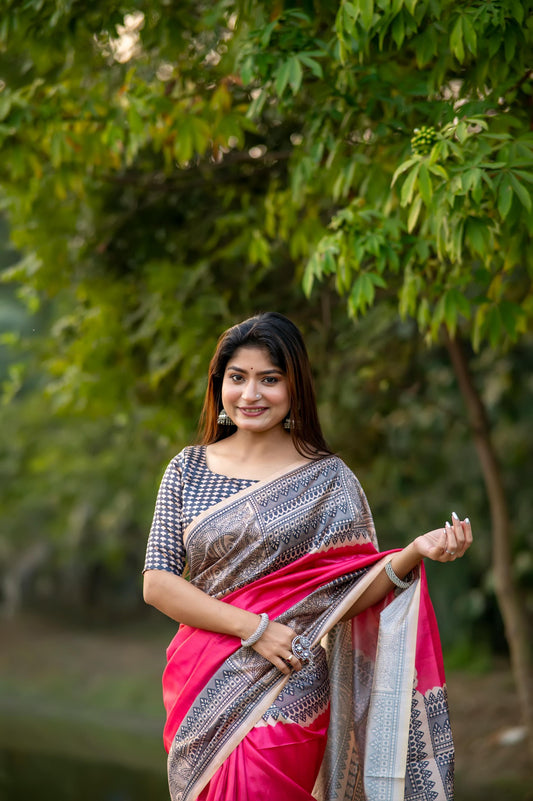 Woman in dark pink Madhubani print saree standing outdoors in elegant traditional Indian outfit