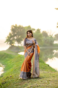 Orange Madhubani Print Soft Tusar Silk Saree