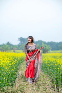 Red Madhubani Print Soft Tusar Silk Saree