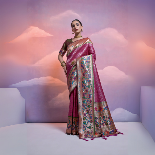 Woman wearing a magenta Banarasi silk saree with intricate gold and multicolor floral zari border and pallu, paired with a matching blouse and traditional jewelry, posing in a pastel-themed studio with soft cloud-like background.
