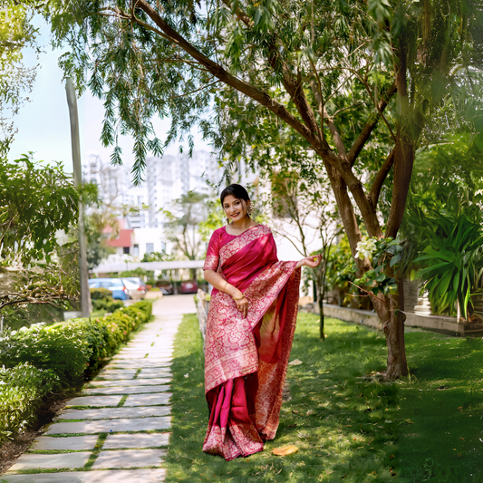 Woman wearing a magenta Banarasi silk saree with intricate gold floral patterns and a matching blouse, standing gracefully on a stone pathway in a lush green garden with trees and manicured lawns in the background.