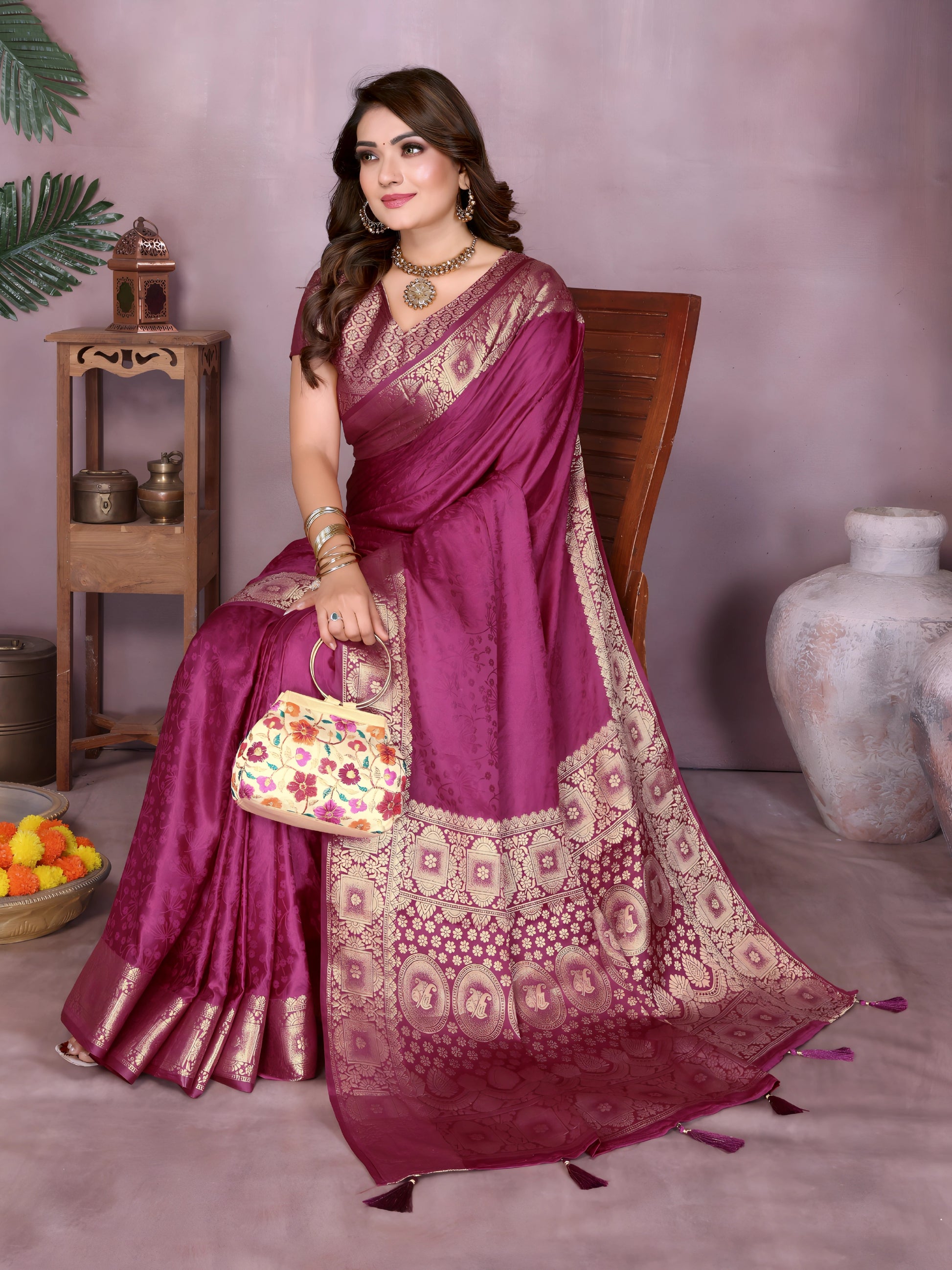  Woman wearing a rich magenta Banarasi silk saree with an ornate golden zari border and intricate woven motifs, paired with a matching short-sleeve blouse and traditional gold jewelry. She poses gracefully in a contemporary studio featuring large white pottery vases, a wooden stand with brass decorative items, a bowl of fresh marigolds, and green foliage, all set against a muted backdrop.