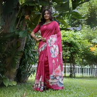 Pink Floral Printed Soft Tussar Silk Saree