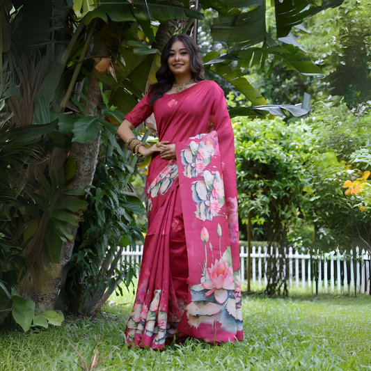Woman wearing a magenta saree with handpainted lotus and leaf floral motifs, paired with a matching blouse and traditional jewelry, smiling and posing outdoors in a lush green garden with tropical plants and trees in the background.