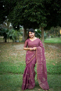 Magenta Thread Work Khadi Tusar Silk Saree