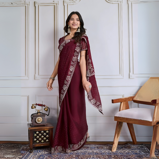 Woman wearing a maroon georgette saree adorned with delicate sequins and an ornate silver embroidered border, paired with a matching blouse and traditional jhumka earrings. She stands elegantly in a classic white paneled room with a vintage rotary telephone on a carved wooden side table, a modern wooden chair with a woven seat, and a patterned rug, creating a sophisticated and timeless ambiance.