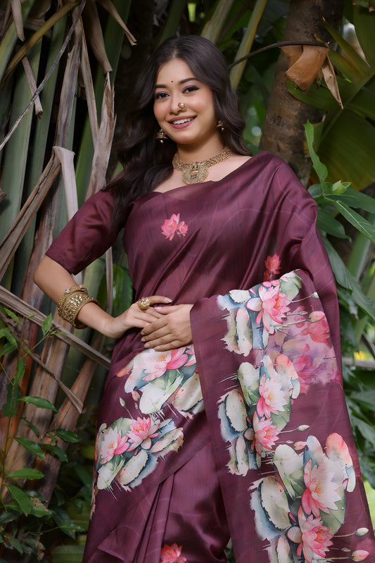 Woman wearing a maroon saree with large handpainted lotus and leaf floral motifs, accessorized with traditional jewelry, posing gracefully outdoors amid lush tropical greenery and a white picket fence in the background