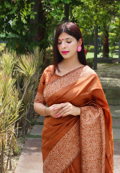 Metallic Brown Warli Weaving Soft Banglori Raw Silk Saree with intricate handloom design, ideal for reception, sangeet, and festive occasions.