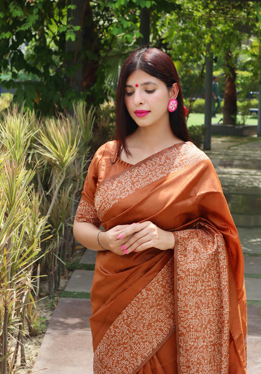 Metallic Brown Warli Weaving Soft Banglori Raw Silk Saree with intricate handloom design, ideal for reception, sangeet, and festive occasions.