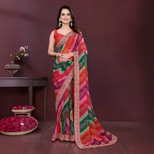 Woman wearing a colorful saree with a dark background