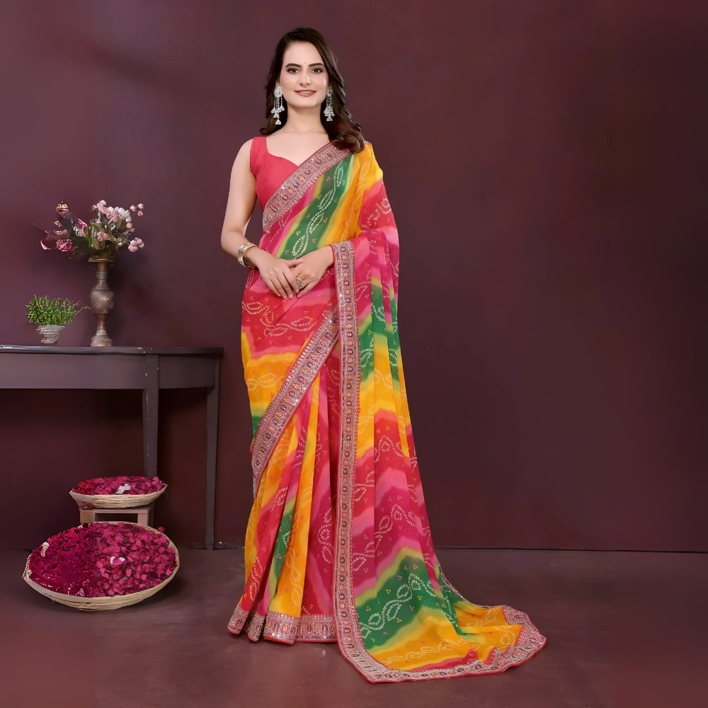 Woman wearing a colorful saree with a dark background