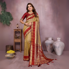 Woman draped in a mustard yellow and deep red Banarasi silk saree featuring intricate gold woven motifs and an ornate red and gold embroidered border, paired with a matching red blouse with gold detailing. She poses gracefully in a contemporary studio with blush-toned walls, rustic white vases, a wooden side table adorned with brass decor, green foliage, and a bowl of yellow flowers on the floor.