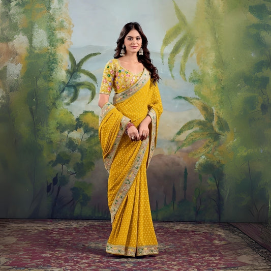 Woman wearing mustard yellow saree with floral embroidered border and matching blouse in studio backdrop