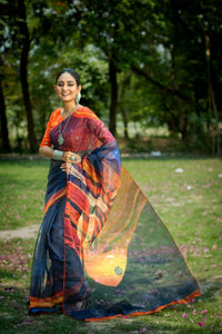 Deep Navy Blue Pattern Print Soft Organza Silk Saree