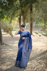 Navy blue saree with Gala Border pattern outdoors
