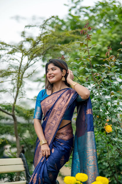 Navy blue saree with zari work and golden border