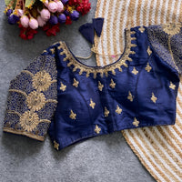 Navy Blue Zari Work Silk Blouse