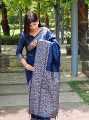 Navy Blue Warli Weaving Soft Banglori Raw Silk Saree crafted from premium raw silk with intricate handloom design, perfect for traditional and festive occasions.