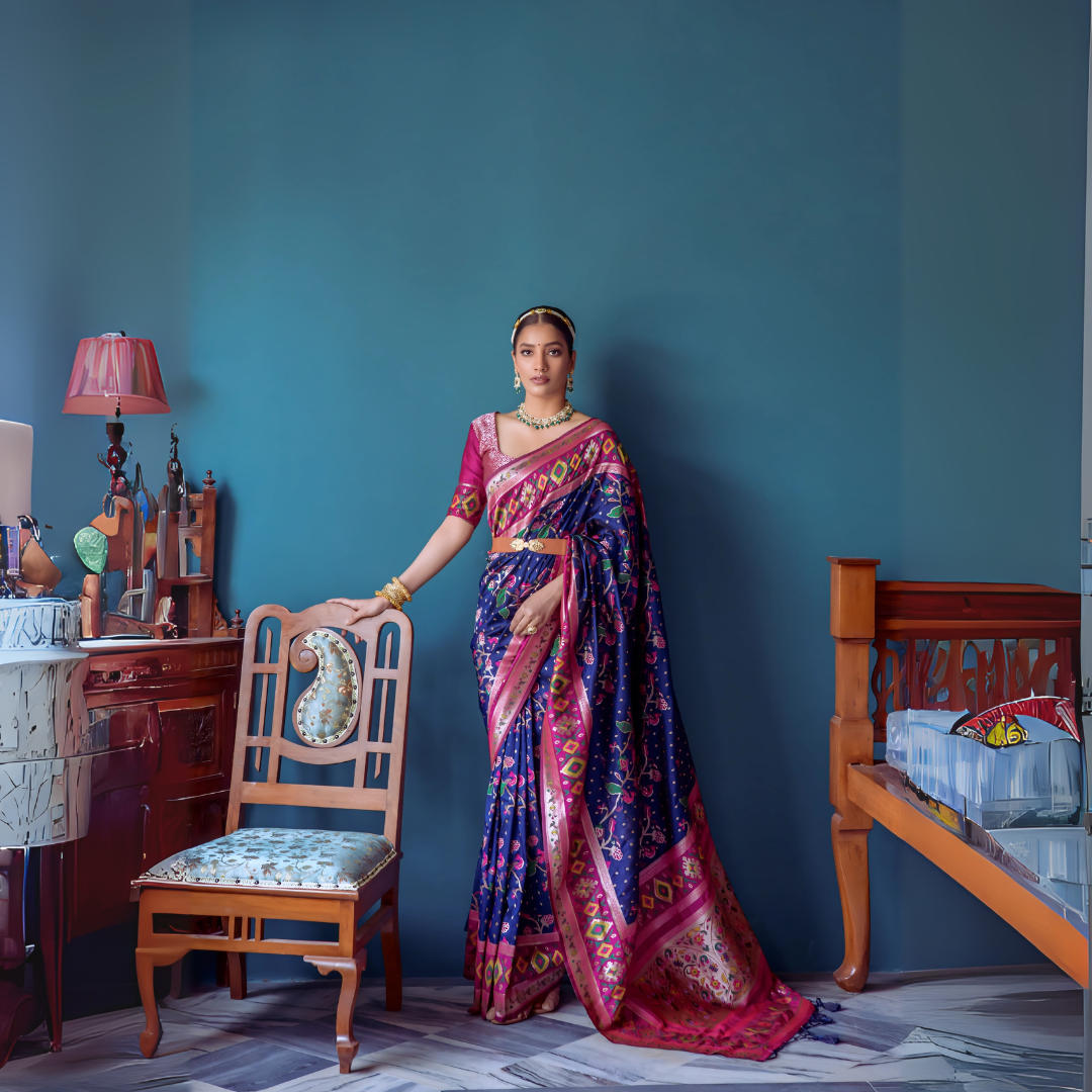  Woman wearing a navy blue and pink Patola silk saree with intricate geometric and floral patterns, paired with a matching blouse and traditional jewelry, elegantly posing beside a vintage wooden chair in a classic bedroom setting with teal blue walls, wooden furniture, and decorative accents.