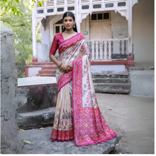 Woman wearing an off-white silk saree with vibrant pink Patola-inspired geometric and floral borders, featuring intricate floral motifs, paired with a matching pink blouse and traditional jewelry, elegantly posing on stone steps in front of a vintage heritage house with ornate railings and classic architectural details.Woman wearing an off-white silk saree with vibrant pink Patola-inspired geometric and floral borders, featuring intricate floral motifs, paired with a matching pink blouse and traditional.