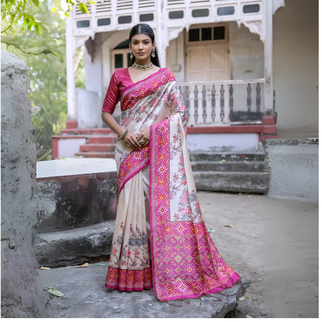 Woman wearing an off-white silk saree with vibrant pink Patola-inspired geometric and floral borders, featuring intricate floral motifs, paired with a matching pink blouse and traditional jewelry, elegantly posing on stone steps in front of a vintage heritage house with ornate railings and classic architectural details.Woman wearing an off-white silk saree with vibrant pink Patola-inspired geometric and floral borders, featuring intricate floral motifs, paired with a matching pink blouse and traditional.