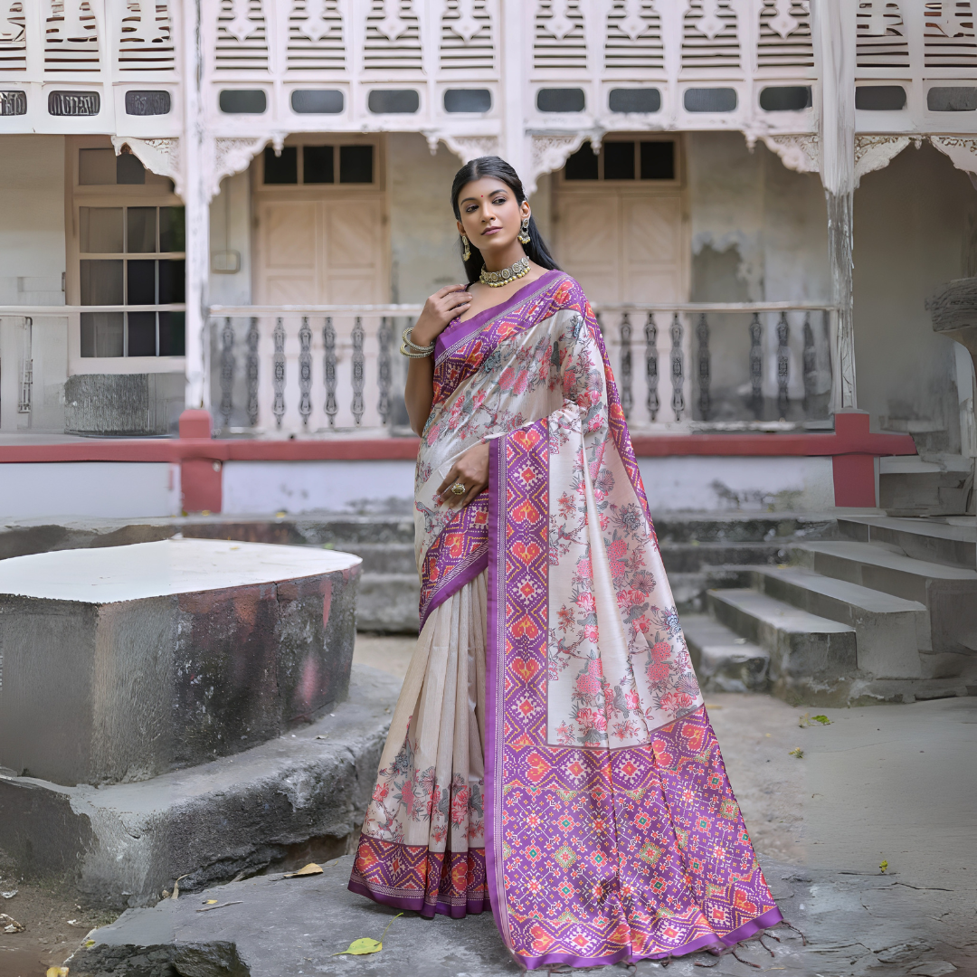 Woman wearing an off-white silk saree with purple Patola-inspired geometric and floral borders, featuring intricate floral motifs, paired with traditional jewelry, elegantly posing on stone steps in front of a vintage heritage house with ornate wooden railings and classic architectural details.

Related
File name: madhubani-embroidery-tussar-saree
Alt text: Traditional Madhubani embroidery on a Tussar silk saree highlighting intricate motifs.