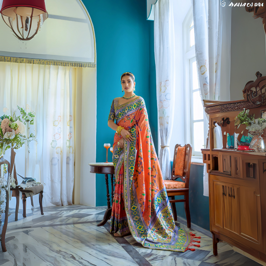 Orange & Gray Zari Weaving Soft Banarasi Silk Saree