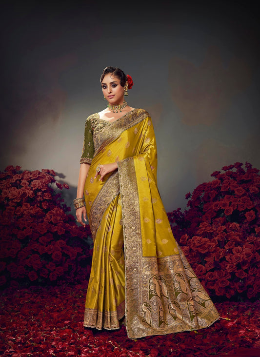 Yellow Embroidery Work Satin Silk Saree