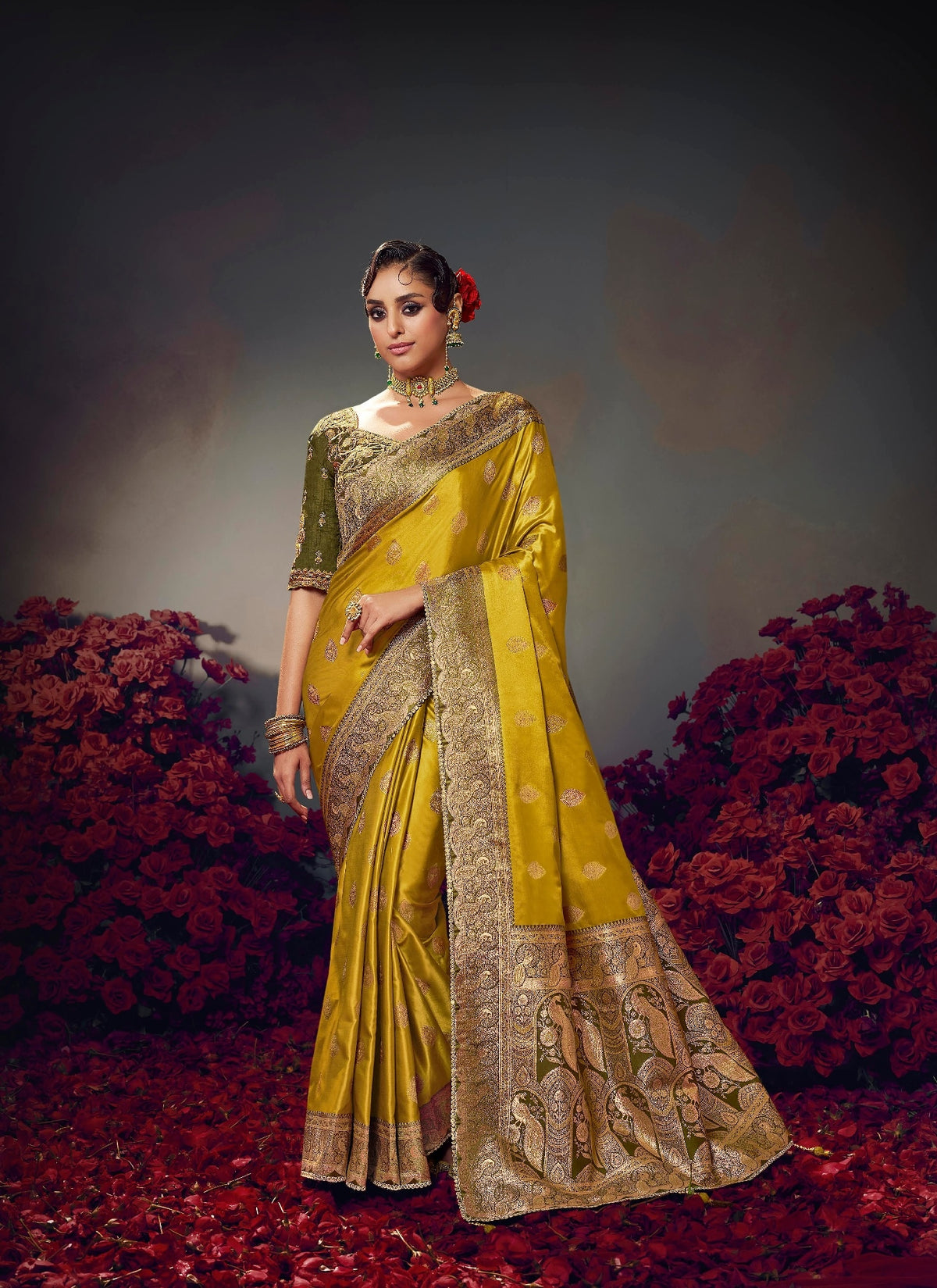Yellow Embroidery Work Satin Silk Saree