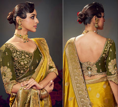 Yellow Embroidery Work Satin Silk Saree