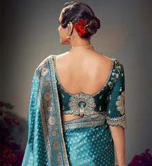 Teal Embroidery Work Satin Silk Saree