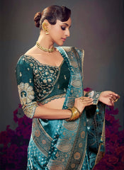 Teal Embroidery Work Satin Silk Saree