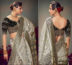 Grey Embroidery Work Satin Silk Saree