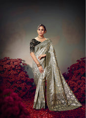 Grey Embroidery Work Satin Silk Saree