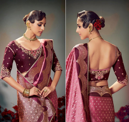 Pink Embroidery Work Satin Silk Saree