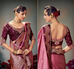 Pink Embroidery Work Satin Silk Saree