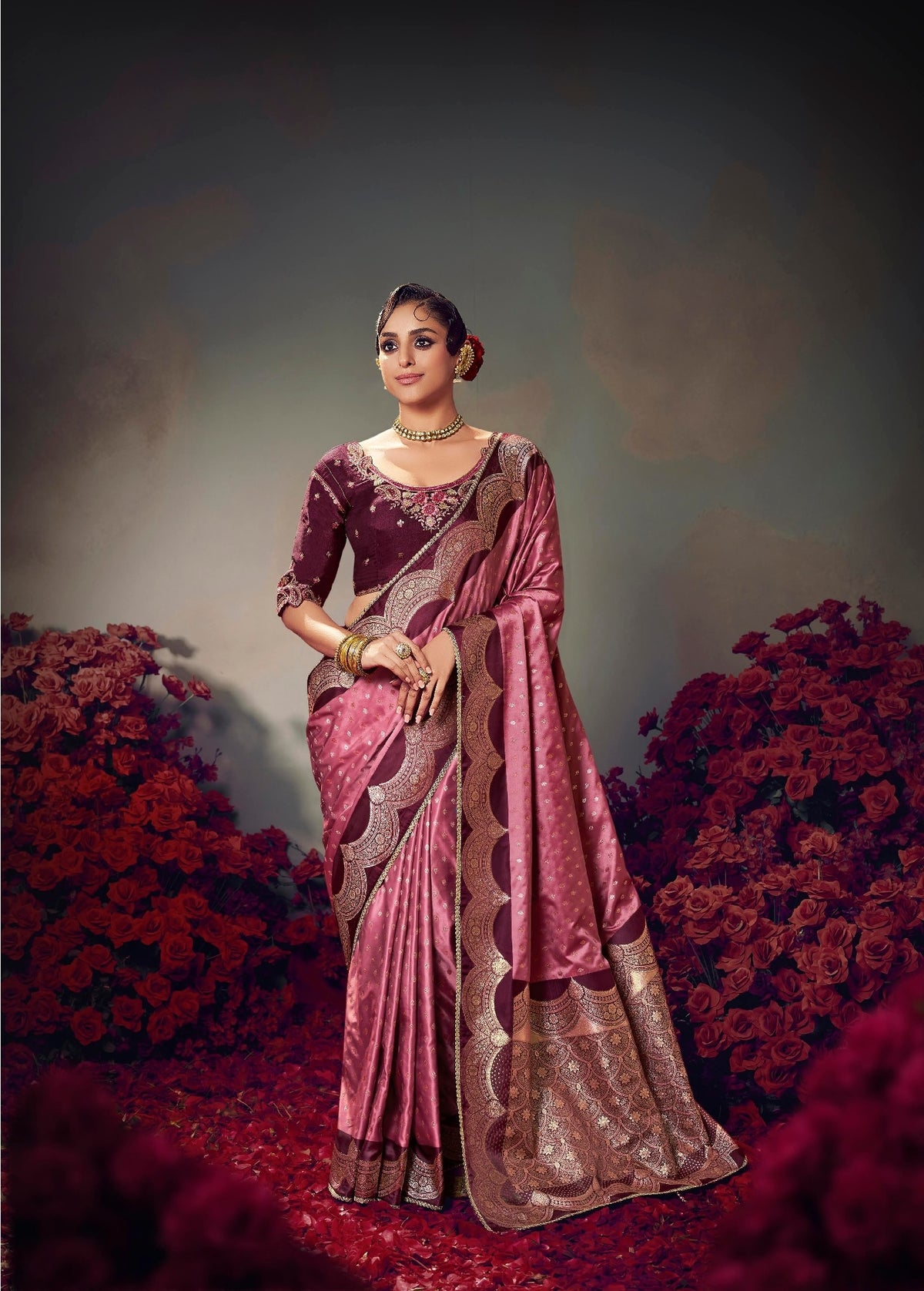 Pink Embroidery Work Satin Silk Saree