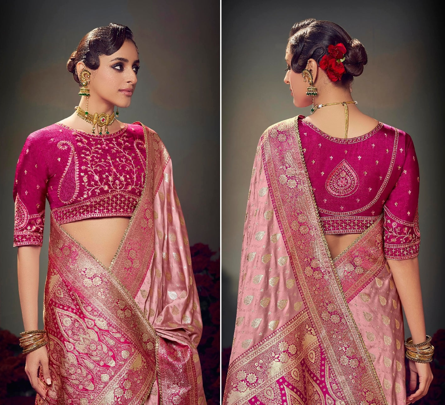 Soft Pink Embroidery Work Satin Silk Saree