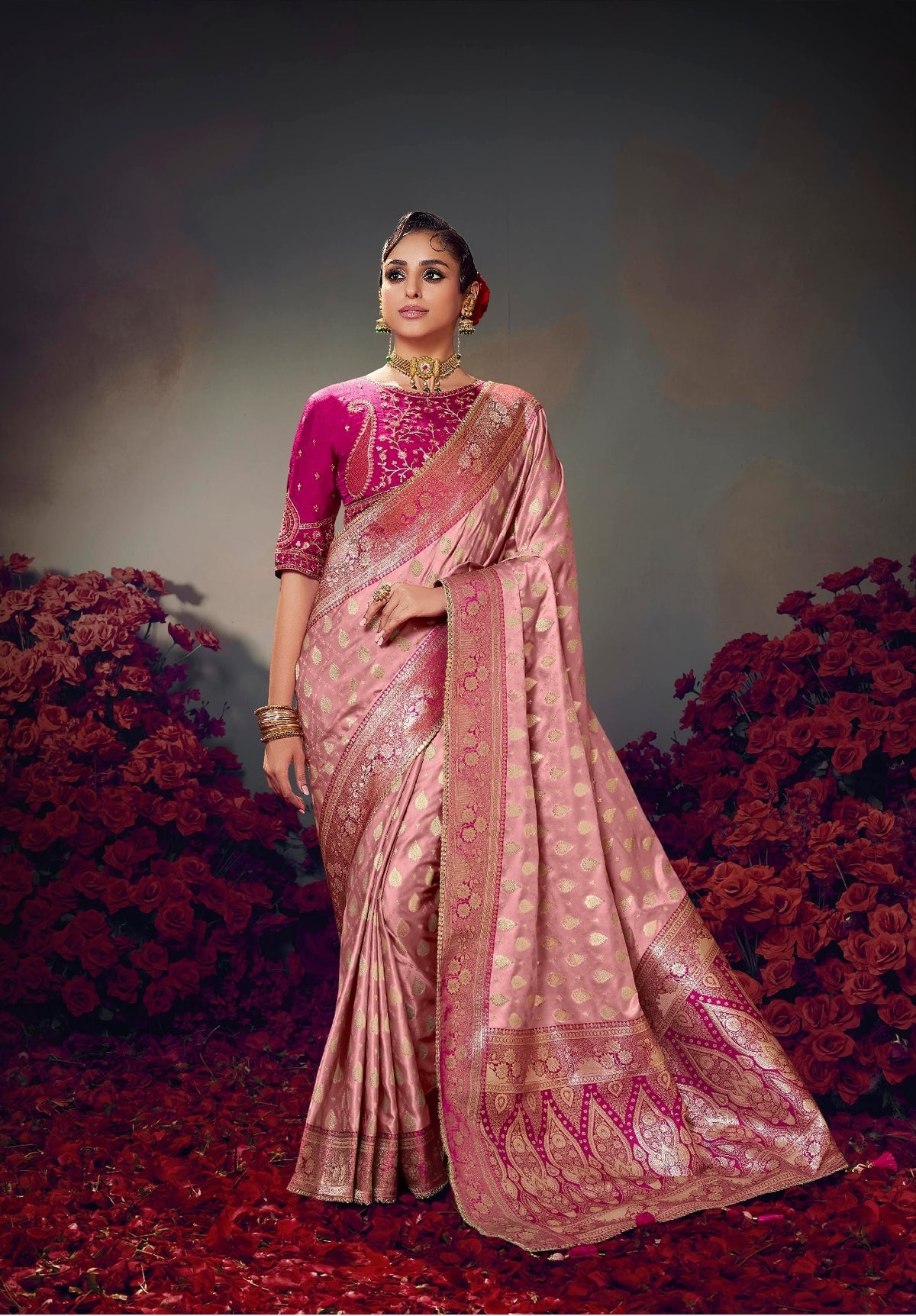 Soft Pink Embroidery Work Satin Silk Saree