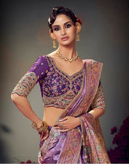 Lavender Embroidery Work Satin Silk Saree