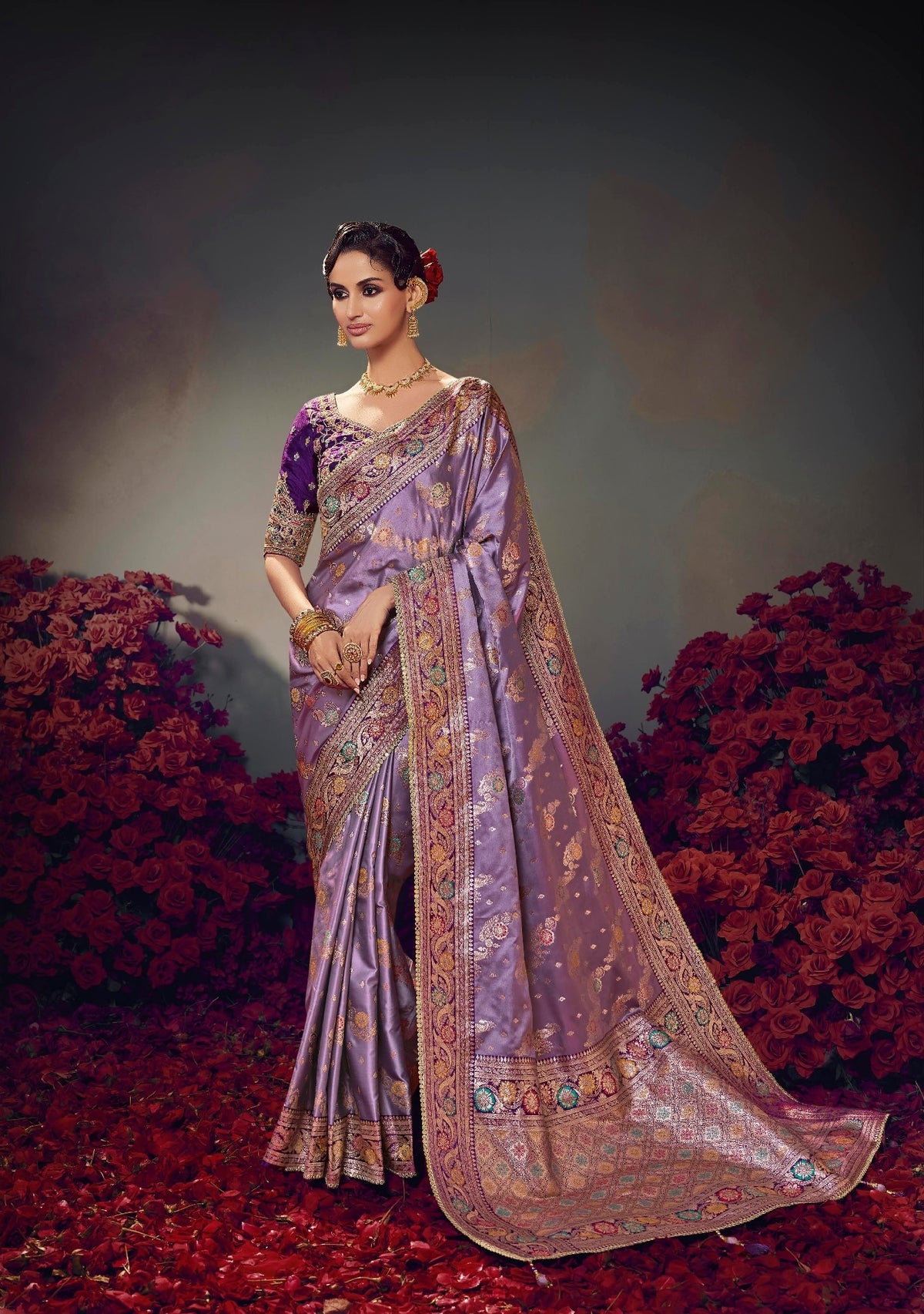 Lavender Embroidery Work Satin Silk Saree