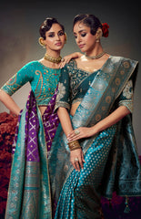 Purple Embroidery Work Satin Silk Saree